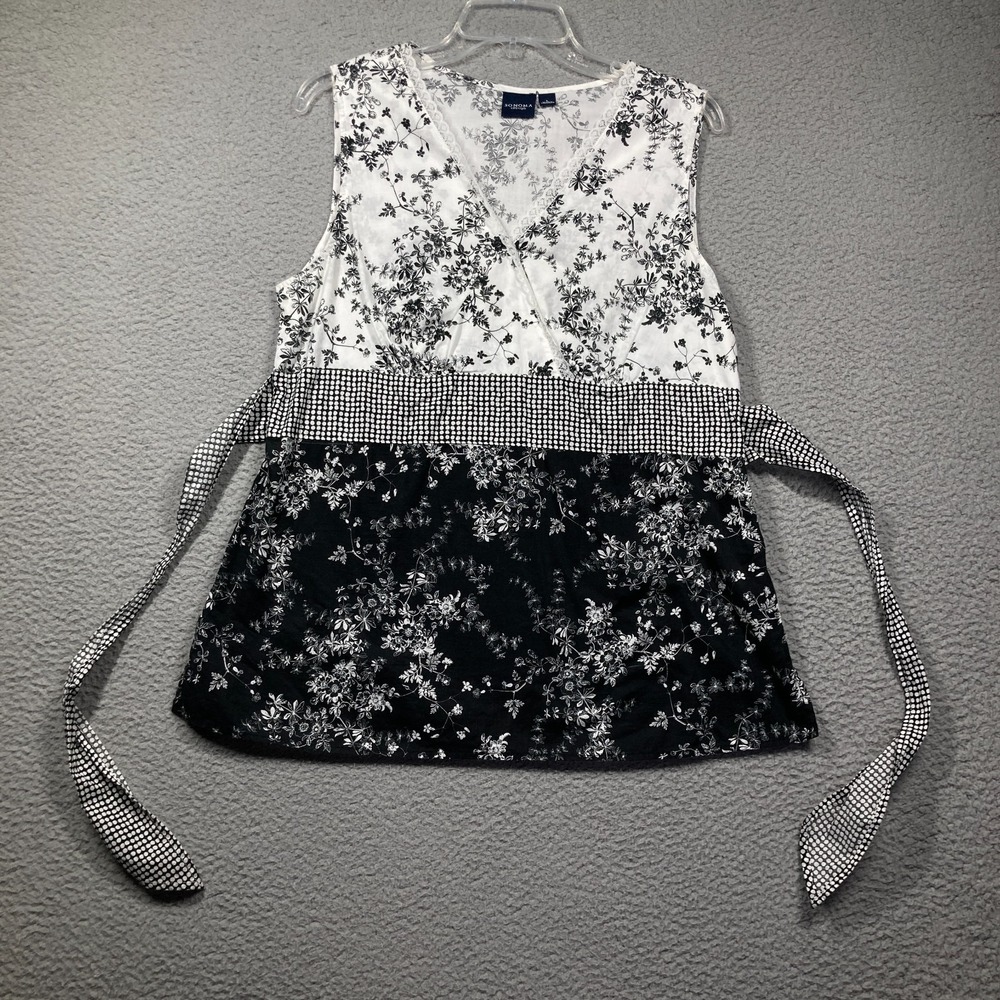 Sonoma Top Womens Large Black White Floral Cottagecore Sleeveless Babydoll‎